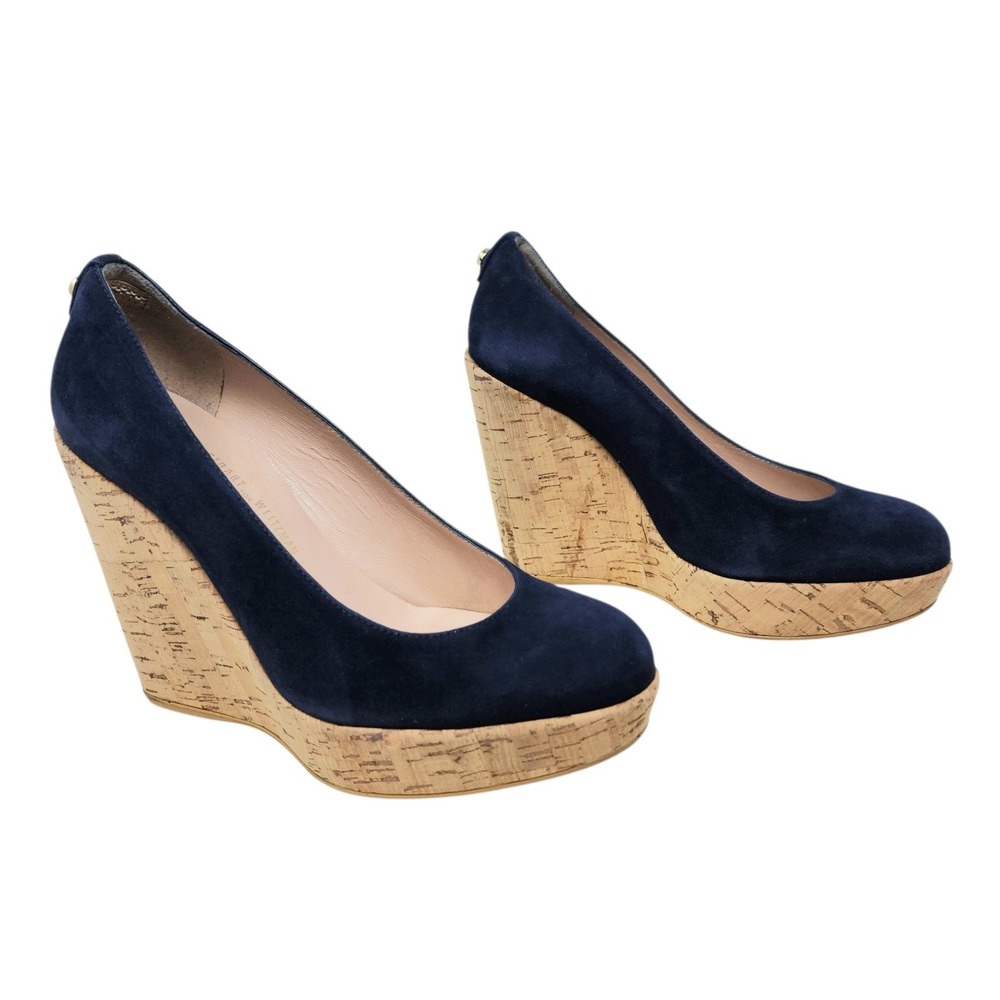 Stuart Weitzman Navy Suede Cork Wedge Pumps